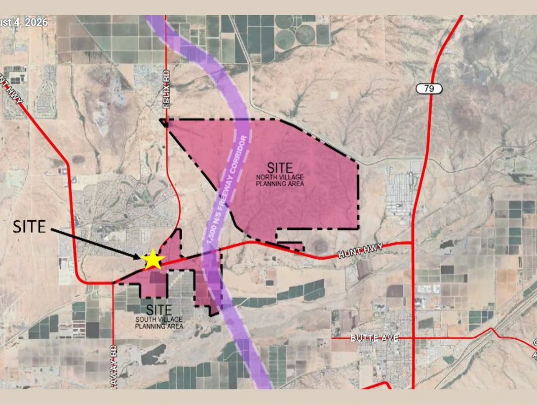 Aerial map from the developer's Aug. 4 presentation showing El Dorado's landholdings in pink, divided into North Village and South Village planning areas along Hunt Highway. A yellow star marks the 34-acre rezoning site at Felix Road and Hunt Highway, and a purple band marks the planned 1,500-foot North-South Freeway corridor running between the two areas.