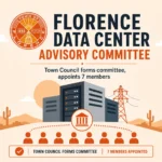 Graphic announcing the Florence Data Center Advisory Committee, showing the Town of Florence seal, a data center, a power line tower and seven member icons