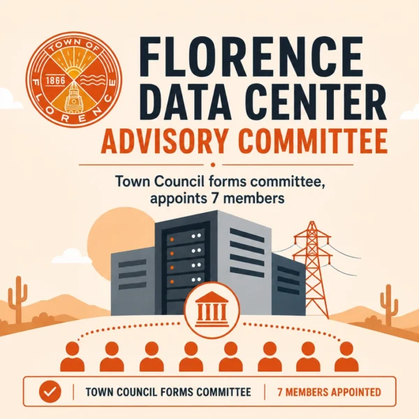 Graphic announcing the Florence Data Center Advisory Committee, showing the Town of Florence seal, a data center, a power line tower and seven member icons