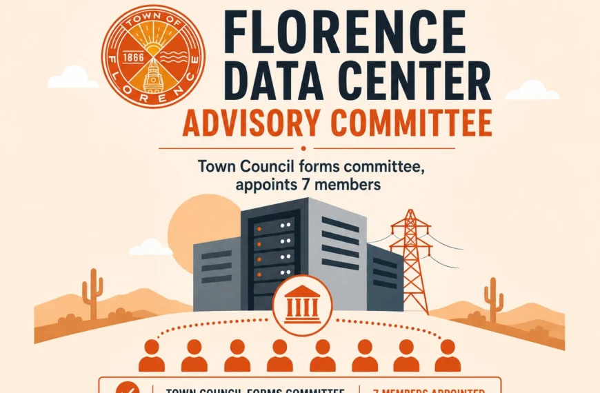 Graphic announcing the Florence Data Center Advisory Committee, showing the Town of Florence seal, a data center, a power line tower and seven member icons