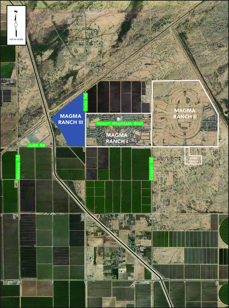 Aerial photo labeling nearby subdivisions and roads Magma Ranch I is south of the Barcello Farms site with Magma Ranch II to the east and Magma Ranch III to the west Rock Creek is farther southeast Felix Road Cooper Road Attaway Road Judd Road and Desert Mountain Boulevard are marked