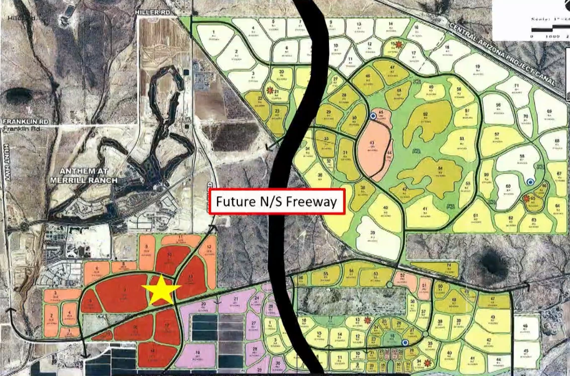 The 2007 Merrill Ranch land plan A yellow star at Felix Road and Hunt Highway marks the rezoning site inside a cluster of red parcels that were designated for the communitys most intense uses A black band curving south through the plan marks the future North-South Freeway alignment