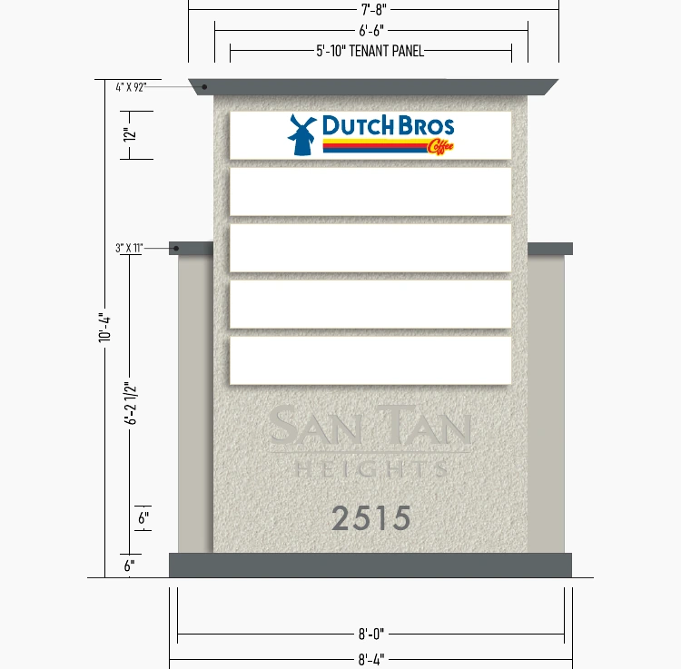 Elevation drawing of the proposed San Tan Heights monument sign with a Dutch Bros panel on top open tenant panels below a San Tan Heights watermark and the address 2515