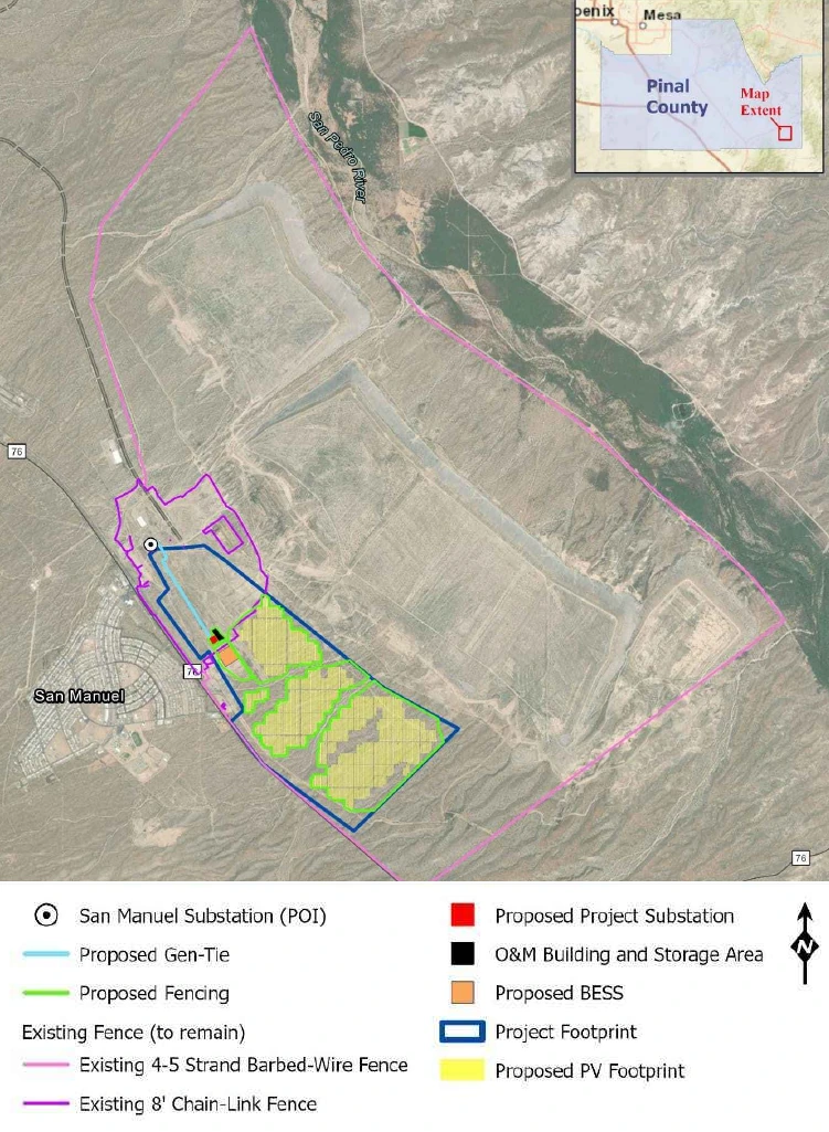 Aerial project map of Ore Town Solar next to the town of San Manuel A pink line traces the existing BHP barbed-wire security fence around the full property with a purple line marking an existing chain-link fence near the old plant site A blue outline marks the project footprint and yellow shading the planned solar panel area Icons mark the existing APS San Manuel Substation the proposed project substation the battery storage area an operations building and the short gen-tie line connecting them The San Pedro River and Highway 76 appear for orientation