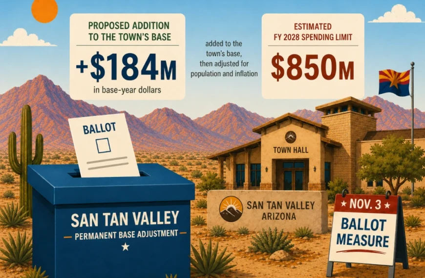 Illustration of a San Tan Valley ballot box for the permanent base adjustment measure, showing the proposed $184 million adjustment and estimated $850 million fiscal year 2028 spending limit ahead of the Nov. 3 election.