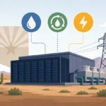 Illustration of an Arizona data center with server racks, cooling equipment and power lines, with icons representing water, closed-loop cooling and electricity.