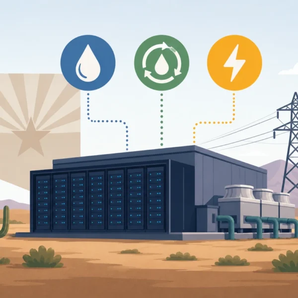 Illustration of an Arizona data center with server racks, cooling equipment and power lines, with icons representing water, closed-loop cooling and electricity.