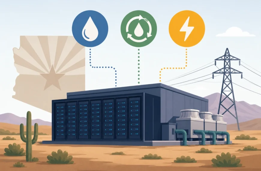 Illustration of an Arizona data center with server racks, cooling equipment and power lines, with icons representing water, closed-loop cooling and electricity.