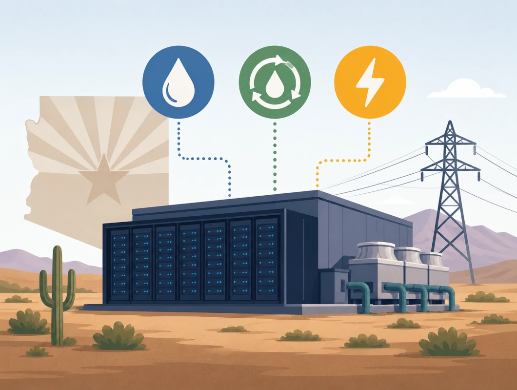 Illustration of an Arizona data center with server racks, cooling equipment and power lines, with icons representing water, closed-loop cooling and electricity.