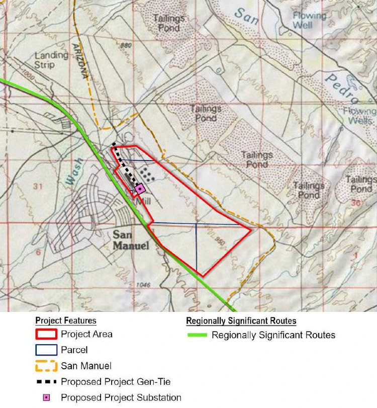Topographic map of the Ore Town Solar site beside the town of San Manuel A red outline marks the project area on the old mill site with the proposed gen-tie line and project substation marked just north of it Several areas labeled tailings pond sit outside the red outline north and east of the project between the site and the San Pedro River A green line marks the regional highway corridor running through San Manuel