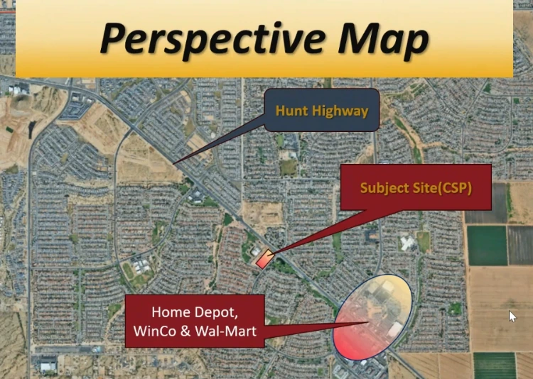 Aerial map marking the San Tan Heights sign plan site on Hunt Highway with the Home Depot WinCo and Walmart center farther southeast down the highway