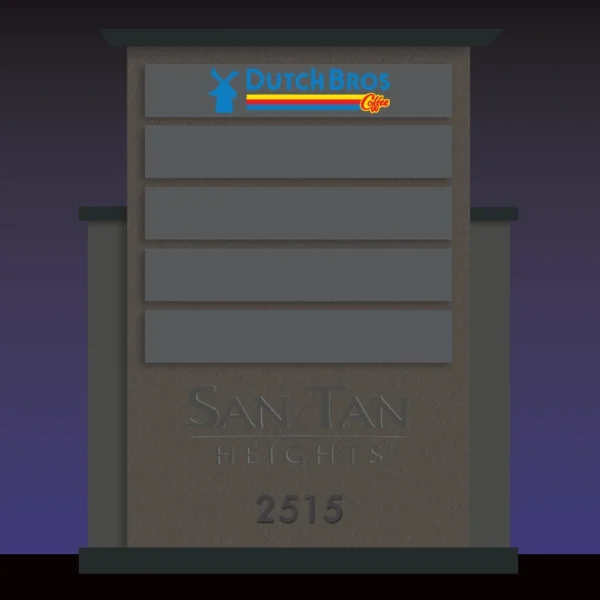 Nighttime rendering of the proposed San Tan Heights monument sign with a lit Dutch Bros panel, four empty tenant panels, a San Tan Heights watermark and the address 2515