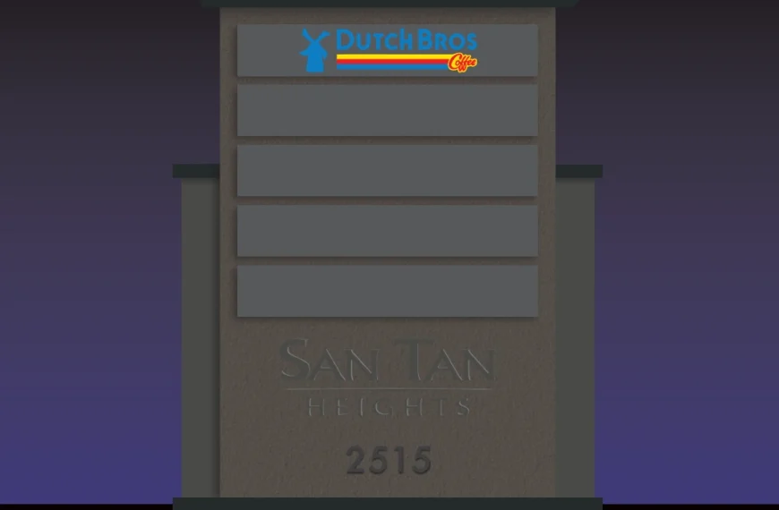 Nighttime rendering of the proposed San Tan Heights monument sign with a lit Dutch Bros panel, four empty tenant panels, a San Tan Heights watermark and the address 2515
