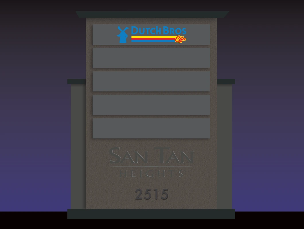 Nighttime rendering of the proposed San Tan Heights monument sign with a lit Dutch Bros panel, four empty tenant panels, a San Tan Heights watermark and the address 2515
