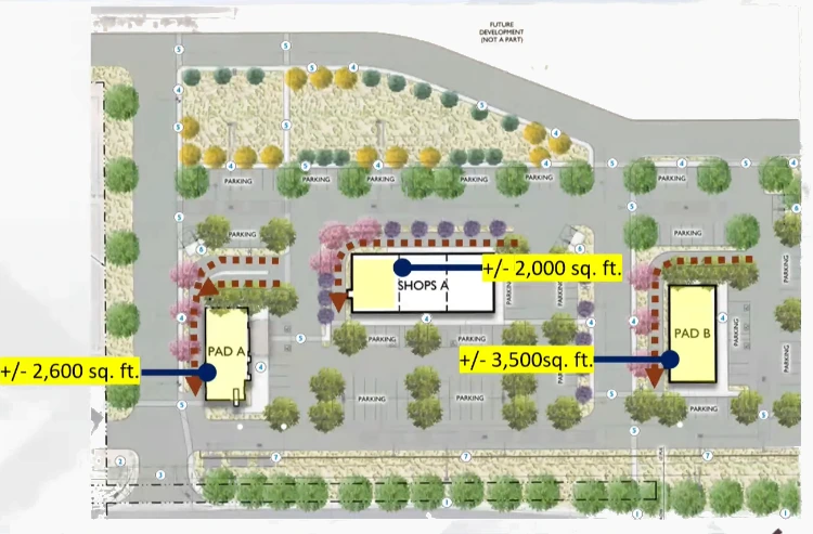 Site plan for the Casa Grande drive-thru restaurants two standalone buildings flank a 6000-square-foot multi-tenant building with a drive-thru on its west end