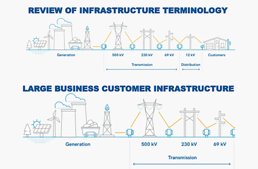 Two SRP diagrams: the full electric grid from generation through transmission and distribution to customers, and the large business customer version that stops at the high-voltage transmission lines