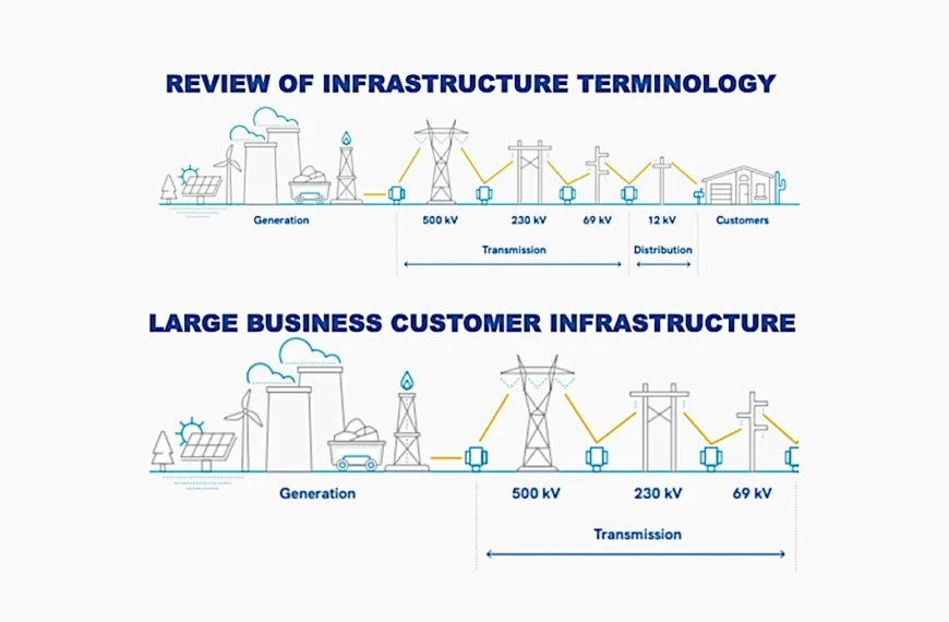 Two SRP diagrams: the full electric grid from generation through transmission and distribution to customers, and the large business customer version that stops at the high-voltage transmission lines
