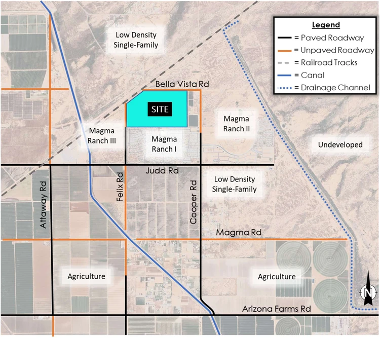 Aerial map showing the Barcello Farms site outlined in teal between Felix Road and Cooper Road south of Bella Vista Road Magma Ranch I is directly south Magma Ranch II is to the southeast and Magma Ranch III is to the southwest Low density single-family neighborhoods sit to the north and southeast with agriculture and undeveloped land farther out A railroad canal and drainage channel run through the area