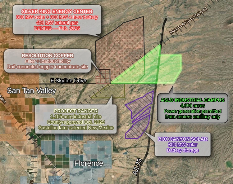 Map of recent projects along the Magma Arizona Railroad and SR 79 north of Florence the proposed SR 79 industrial site Silver King Energy Center Project Ranger Box Canyon Solar and Resolution Copper