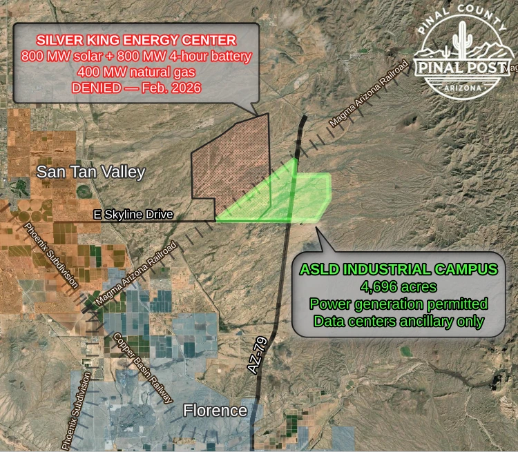 Map of the proposed SR 79 industrial site on 4696 acres of state land and the denied Silver King Energy Center footprint near San Tan Valley