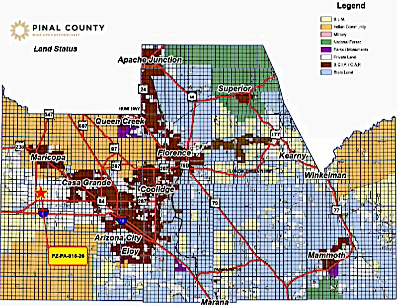 Pinal County land status map showing the Arizona Independent Technology Campus site marked with a star southwest of Casa Grande and south of Maricopa