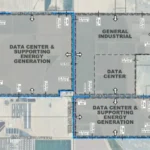 Conceptual site plan for the Arizona Independent Technology Campus showing areas labeled data center and supporting energy generation, general industrial, and data center on land between Barnes and Lelaan roads east of Porter Road, south of Maricopa.