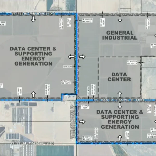 Conceptual site plan for the Arizona Independent Technology Campus showing areas labeled data center and supporting energy generation, general industrial, and data center on land between Barnes and Lelaan roads east of Porter Road, south of Maricopa.