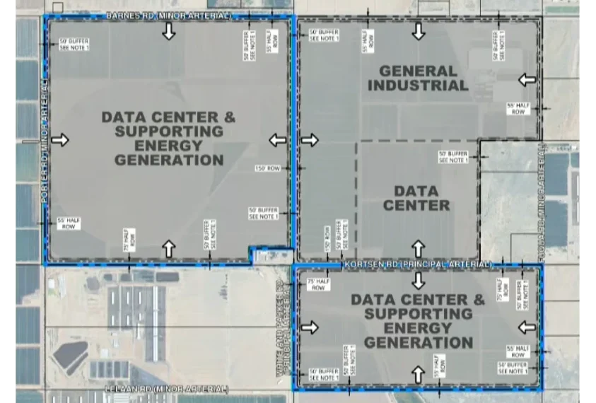 Conceptual site plan for the Arizona Independent Technology Campus showing areas labeled data center and supporting energy generation, general industrial, and data center on land between Barnes and Lelaan roads east of Porter Road, south of Maricopa.