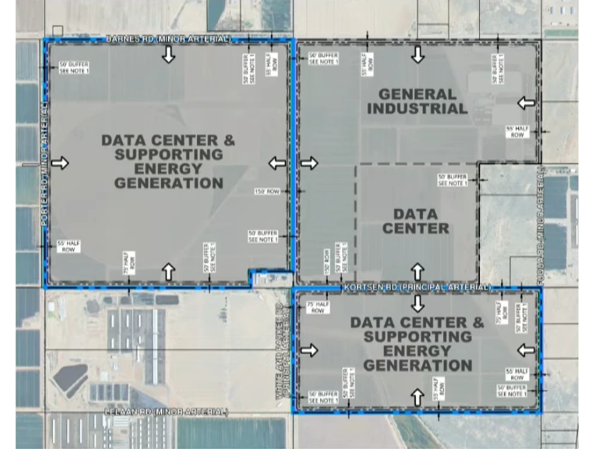 Conceptual site plan for the Arizona Independent Technology Campus showing areas labeled data center and supporting energy generation, general industrial, and data center on land between Barnes and Lelaan roads east of Porter Road, south of Maricopa.