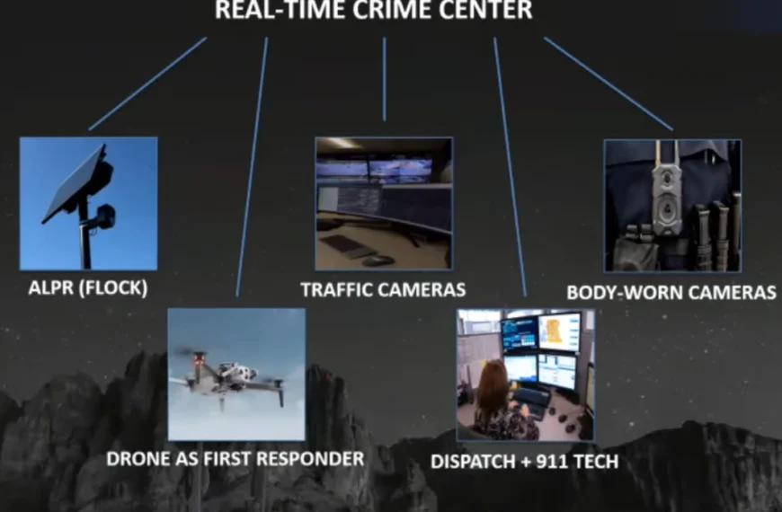 Diagram titled Real-Time Crime Center with five branches: ALPR (Flock) license plate reader, traffic cameras, body-worn cameras, drone as first responder, and dispatch plus 911 tech.