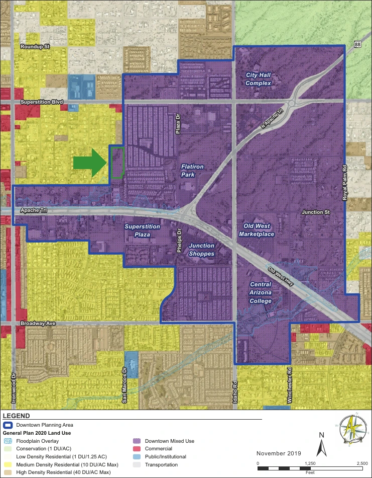 General Plan land use map showing the Downtown Mixed Use area in purple with a green arrow marking the Banyan Apartments site near Apache Trail and San Marcos Drive