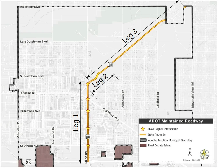 Map of State Route 88 through Apache Junction showing the three legs of the proposed Idaho Road transfer from US 60 to the northern city limits