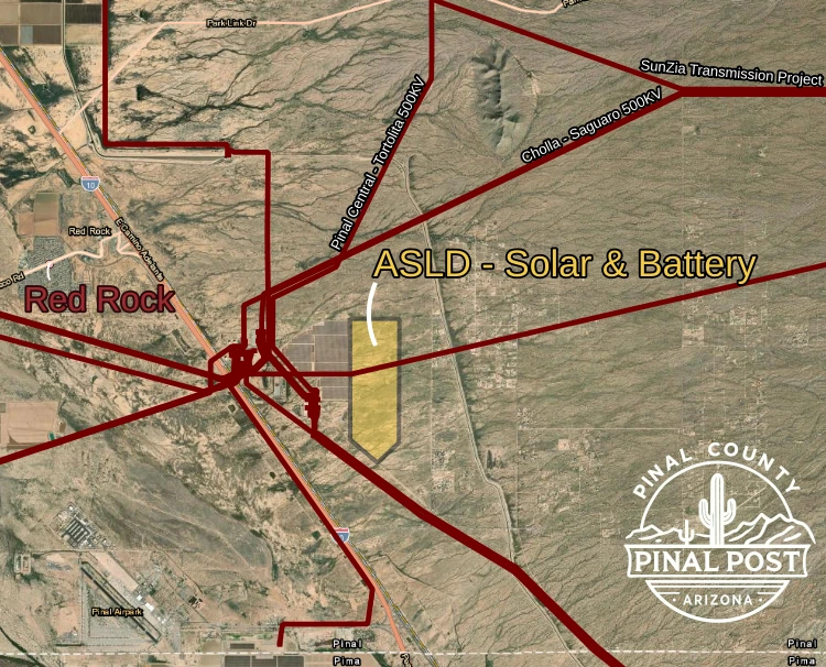 Aerial map of the Red Rock area with red transmission lines converging at the APS Saguaro substation the proposed solar and battery site outlined in yellow to the east and Interstate 10 to the west