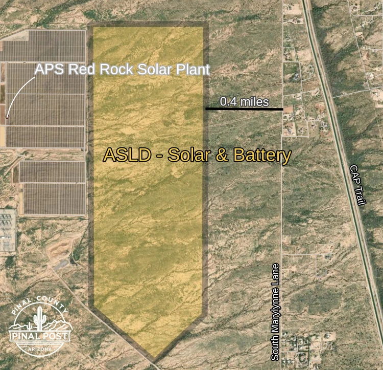 Aerial map showing the proposed solar and battery site outlined in yellow the APS Red Rock Solar Plant arrays to its west and a 04-mile measurement from the sites eastern edge to homes along South Marylynne Lane