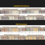 Building drawings for the Banyan Apartments Apache Junction project compare updated exteriors in muted tans and browns with the older, brighter orange and yellow scheme.