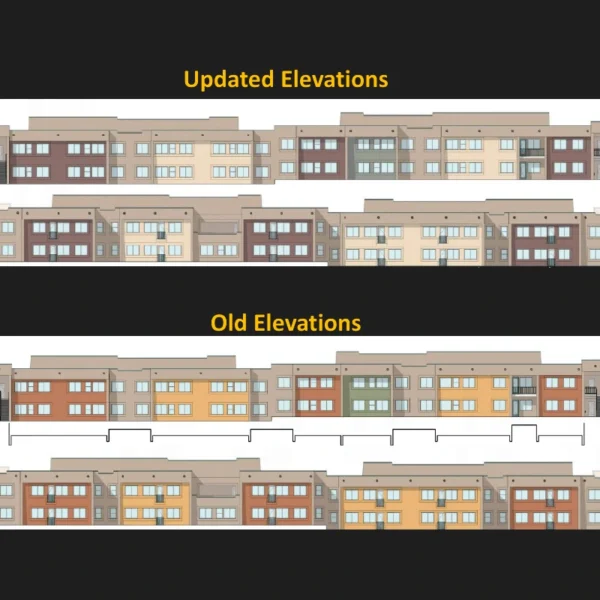 Building drawings for the Banyan Apartments Apache Junction project compare updated exteriors in muted tans and browns with the older, brighter orange and yellow scheme.
