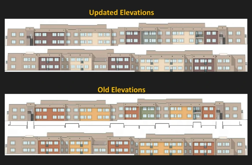 Building drawings for the Banyan Apartments Apache Junction project compare updated exteriors in muted tans and browns with the older, brighter orange and yellow scheme.