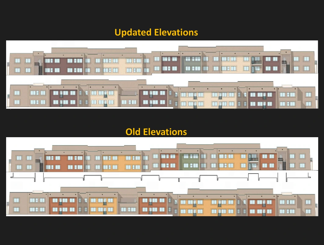 Building drawings for the Banyan Apartments Apache Junction project compare updated exteriors in muted tans and browns with the older, brighter orange and yellow scheme.