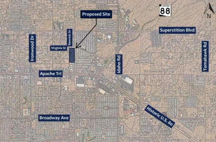 Aerial map of Apache Junction marking the proposed Banyan Apartments site at Virginia Street and Rennick Drive just north of Apache Trail