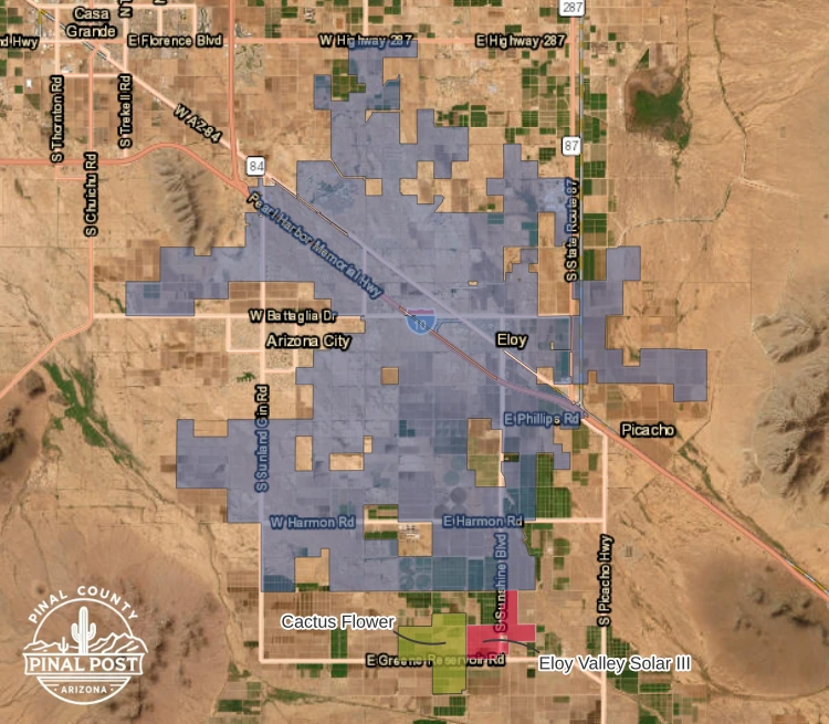 Map showing the Eloy Valley Energy Center III site in red and the Cactus Flower Solar site in green along East Greene Reservoir Road just south of the Eloy city limits shaded in blue with Interstate 10 Arizona City and Picacho for reference