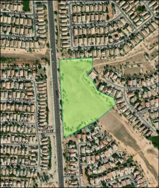 Aerial view of the Circle Cross Basin Park draft site along Gary Road surrounded by homes in San Tan Valley