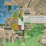 Aerial map of the Florence Tech Park site north of Florence, Arizona, outlined in white with a label reading "The only place in Florence where a data center is permitted by right." Dobson Farms West and Dobson Farms East are marked in yellow and red to the southwest, SRP Copper Crossing and the SRP Abel Substation sit to the north, San Tan Valley is shaded blue to the northwest and Florence town limits are shaded green to the south and east.