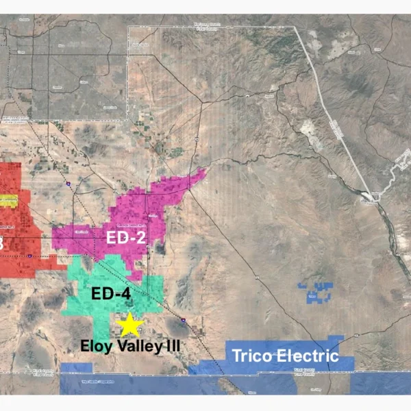 Map of Pinal County showing the service areas of Electrical Districts 2, 3 and 4 and Trico Electric Cooperative, the four local utilities NextEra says will receive power from Eloy Valley Energy Center III, marked with a star south of Eloy