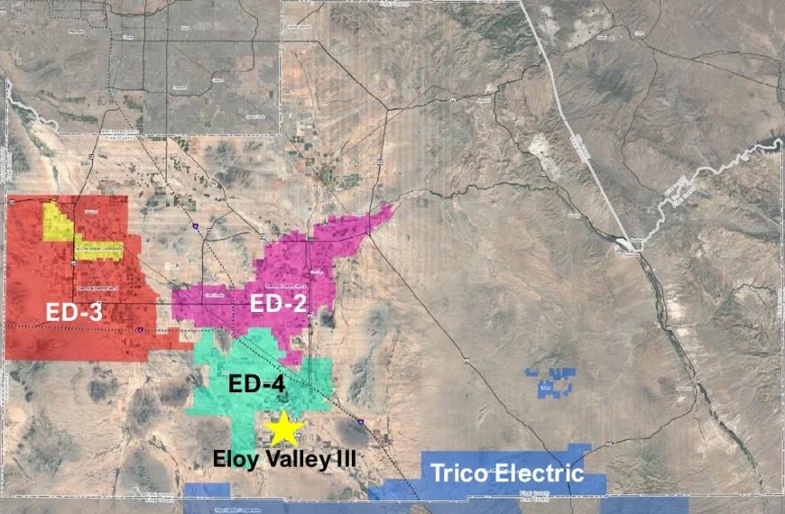 Map of Pinal County showing the service areas of Electrical Districts 2, 3 and 4 and Trico Electric Cooperative, the four local utilities NextEra says will receive power from Eloy Valley Energy Center III, marked with a star south of Eloy