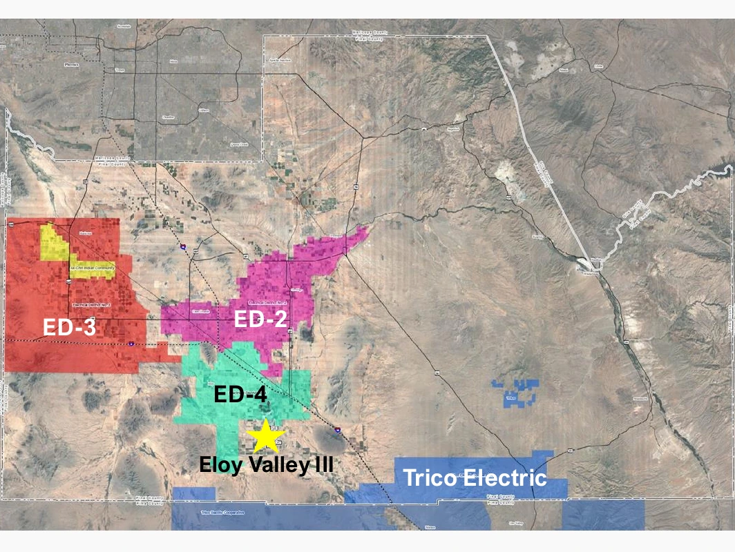 Map of Pinal County showing the service areas of Electrical Districts 2, 3 and 4 and Trico Electric Cooperative, the four local utilities NextEra says will receive power from Eloy Valley Energy Center III, marked with a star south of Eloy