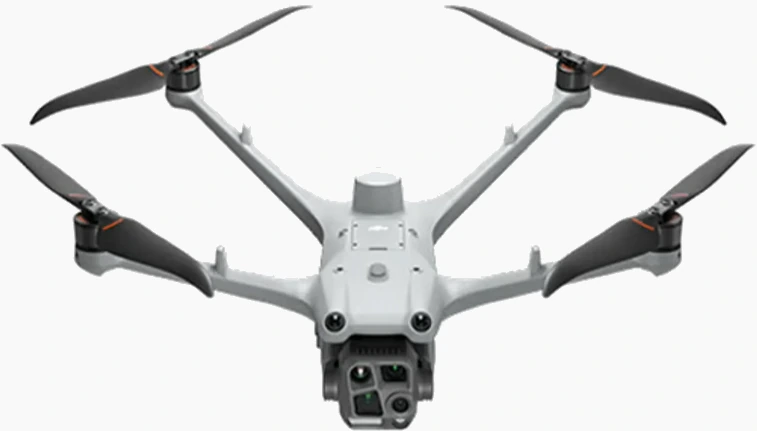 A white quadcopter drone equipped with a multi-sensor camera.