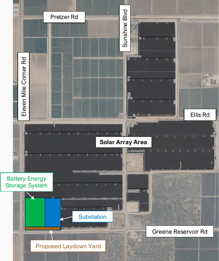 Preliminary site plan for Eloy Valley Energy Center III over an aerial photo showing solar array areas in dark blocks along Sunshine Boulevard and between Ellis and Greene Reservoir roads with the battery energy storage system in green the substation in blue and a proposed laydown yard in brown at the southwest corner near Eleven Mile Corner and Greene Reservoir roads