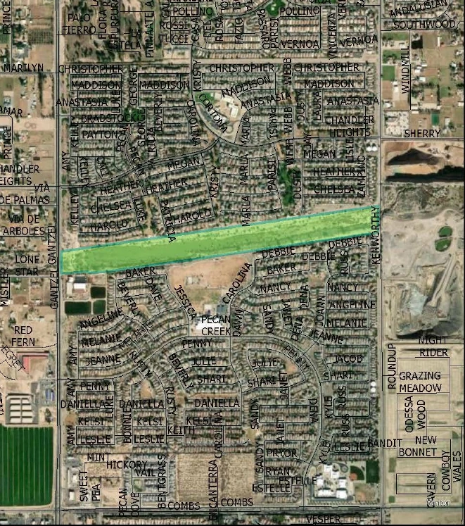 Aerial view of the Queen Creek Linear Park draft site a narrow corridor running between Gantzel and Kenworthy roads