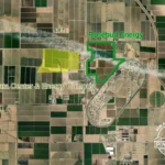 Aerial map of the Rosebud Energy Project site outlined in green beside the Nissan test track, with the planned data center campus in yellow to the west