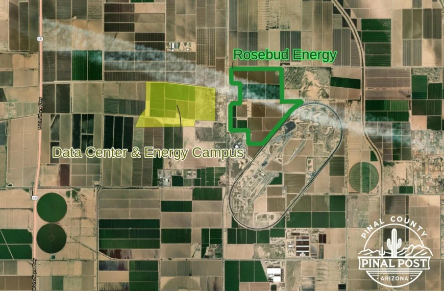 Aerial map of the Rosebud Energy Project site outlined in green beside the Nissan test track, with the planned data center campus in yellow to the west